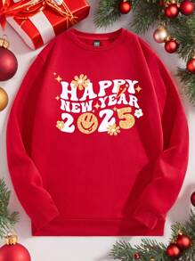 Manfinity Homme 2025 Happy New Year Metallic Printed Retro Red Sweatshirt, Casual Fashion Ribbed Crew Neck - Red - View 3