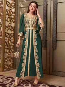 Layrah Elegant Party Dark Green And Gold Embroidered Bell Sleeve Dress, Modest Kaftan