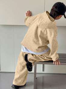 2pcs Tween Boys Casual Korean Style Flocking Fabric Hoodie Sweatshirt And Straight Leg Loose Sweatpants Set, Suitable For Commuting, School, Leisure, Travel, Sports, Spring/Summer/Autumn/Winter