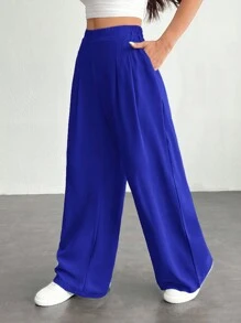 SHEIN PETITE Women's Solid Color Simple Daily Basic Pants ,Petite Women - Royal Blue - View 7