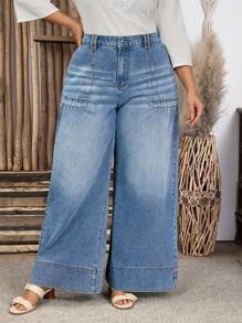 SHEIN LUNE Plus Size Washed Loose Wide-Leg Jeans For Leisure