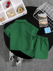SHEIN 2 件套男婴/女婴纯色领口开衫上衣和短裤套装 - 綠色 - 查看 2