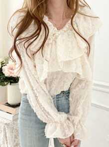 DAZY Women's Textured Fabric Ruffle Collar Casual Blouse, Spring/Summer - Apricot - View 7