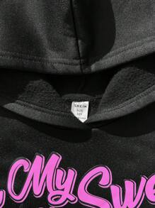 SHEIN Tween 女童运动休闲连帽图案运动衫和紧身裤 2 件套 - 黑色 - 查看 3