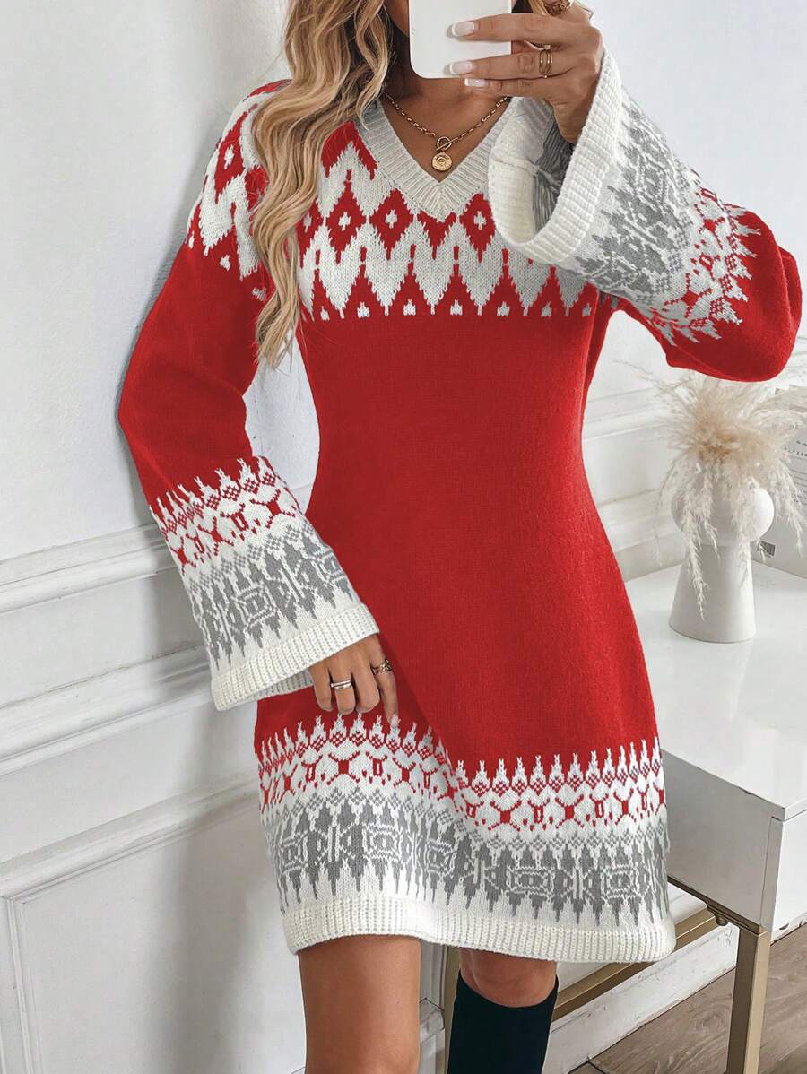 SHEIN Clasi 复古撞色提花 V 领女式毛衣连衣裙
