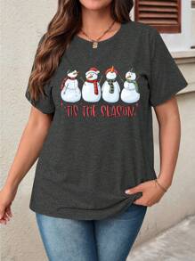 SHEIN LUNE 大码女式雪人印花圆领短袖 T 恤，夏季图案 T 恤女式上衣 - 深灰色 - 查看 3