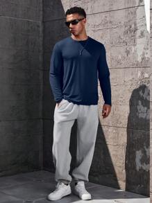 Manfinity Homme Men's Solid Color Round Neck Casual Long Sleeve T-Shirt, Autumn, Fall