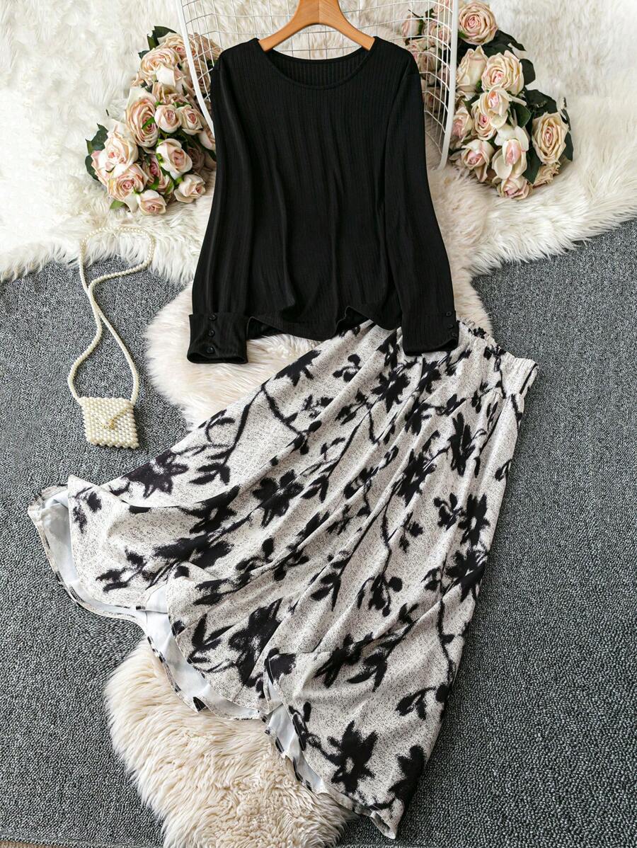 2 pièces/Set T-shirt côtelé ajusté élégant de printemps et jupe imprimée mi-longue pour femmes grande taille - Noir - Voir 1
