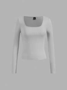 SHEIN Essnce 4 件纯色方领长袖女式 T 恤，休闲百搭，春/秋 - 彩色 - 查看 12