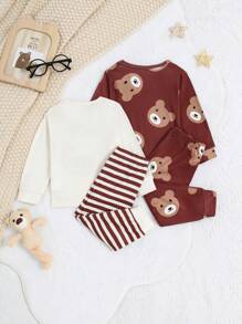 4 Stücke Neugeborenen Baby Jungen süßer Bär Stickerei & allover bedruckter Langarm Oberteil und Hose Pyjama Set