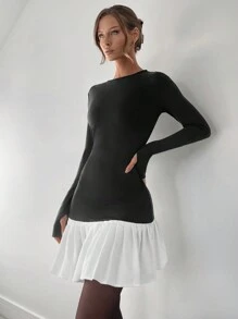 SHEIN Essnce Women Solid Color Block Round Neck Long Sleeve Simple Casual Mini Dress - Black and White - View 6