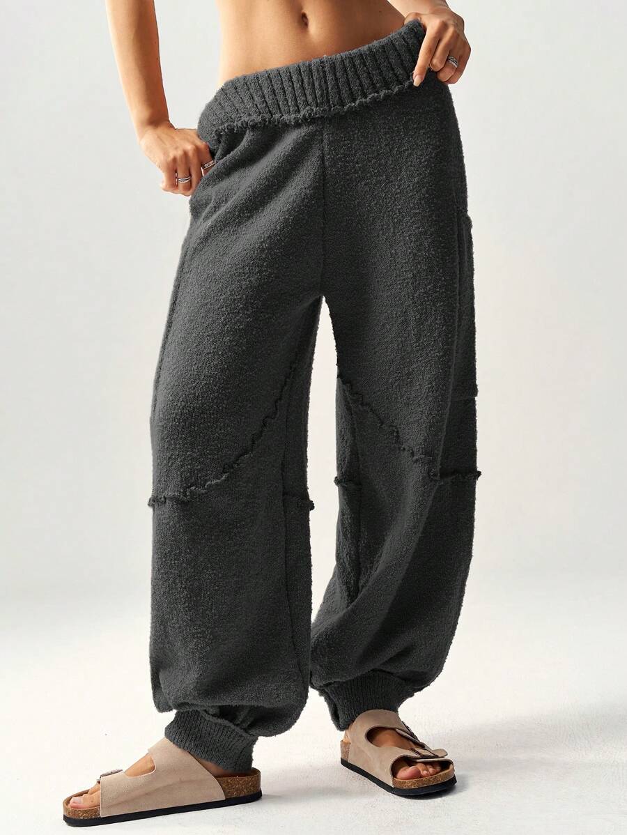 Bohemela Loose High Waisted Drawstring Hem Women's Knit Pants For Vacation In Fall/Winter - Dark Grey - View 1