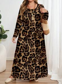 EMERY ROSE Plus Size Casual Leopard Print Long Sleeve Crew Neck Dress, Suitable For  Chic Dress, Fall - Multicolor - View 4