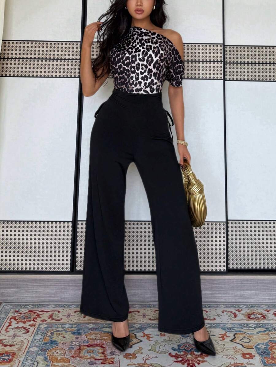 Chiquease Fashionable Party Leopard Print Patchwork Asymmetric Collar Skinny Jumpsuit - Black - View 1