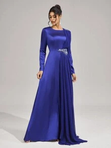 SHEIN Belle 正式礼服，优雅晚礼服长袖伴娘礼服，婚礼宾客礼服 - 寶藍色 - 查看 3