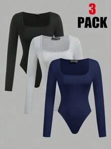 SHEIN EZwear 3pcs/Set Women Solid Color Long Sleeve Casual Bodysuit With Square Neck