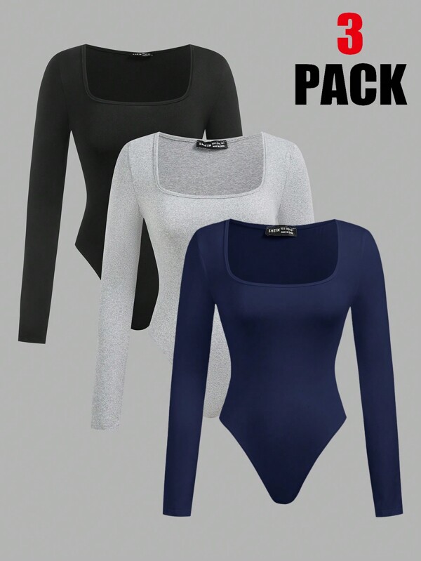 SHEIN EZwear 3pcs/Set Women Solid Color Long Sleeve Casual Bodysuit With Square Neck