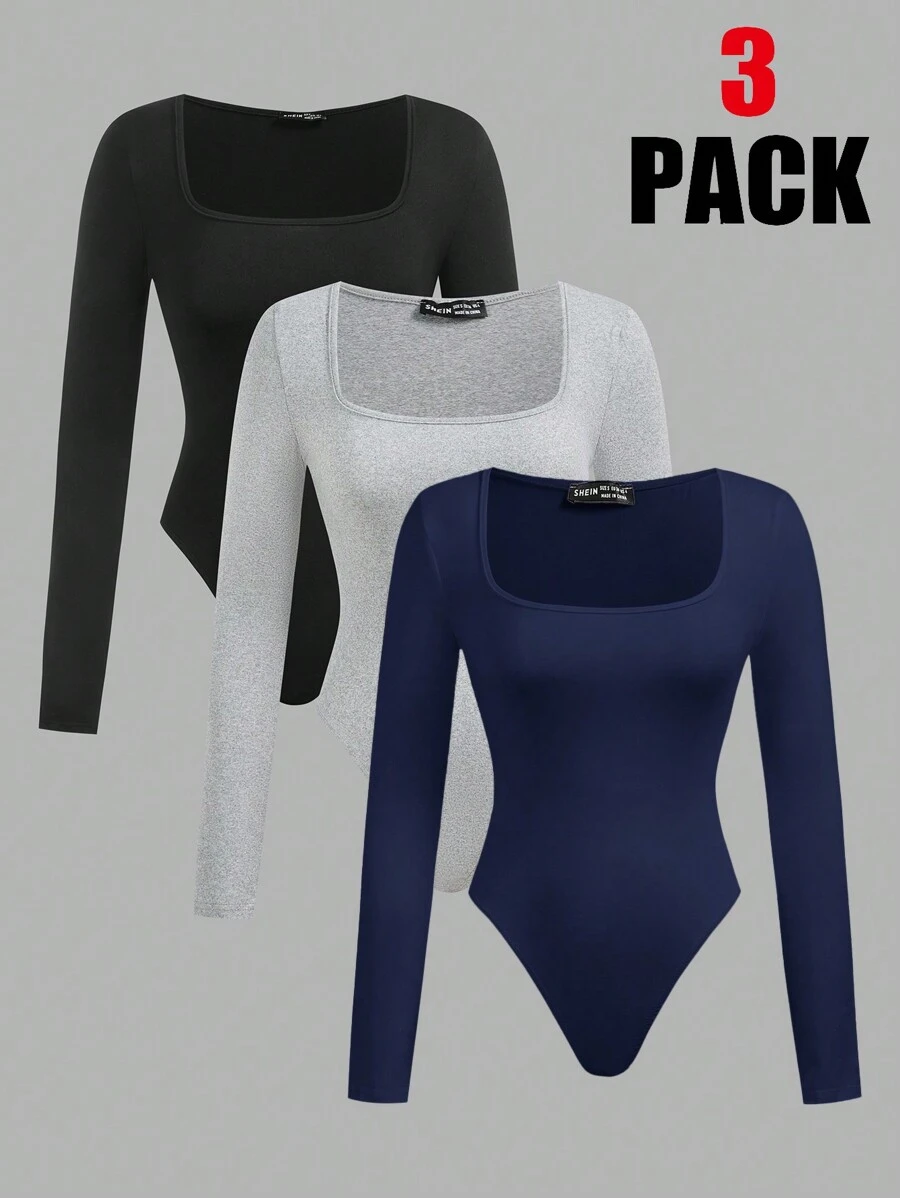 SHEIN EZwear 3pcs/Set Women Solid Color Long Sleeve Casual Bodysuit With Square Neck