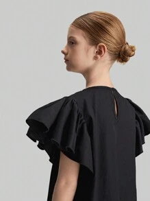 Ontre 简约建筑荷叶边袖 A 字裙，黑色，适合少女的极简主义设计，适合外出、上学、聚会、春夏季 - 黑色 - 查看 6