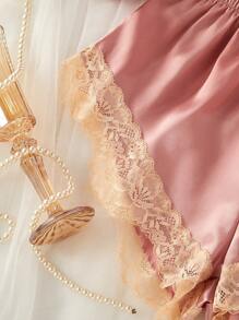 对比色蕾丝缎睡衣套装/睡衣套装 - 淺粉色 - 查看 5