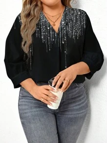 SHEIN LUNE 大码女士 V 领办公室装长袖印花 T 恤，适合秋冬季 - 彩色 - 查看 5