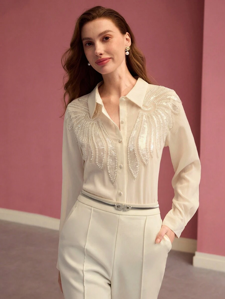 MOTF PREMIUM FAUX PEARL BUTTON UP BLOUSE - Apricot - View 1