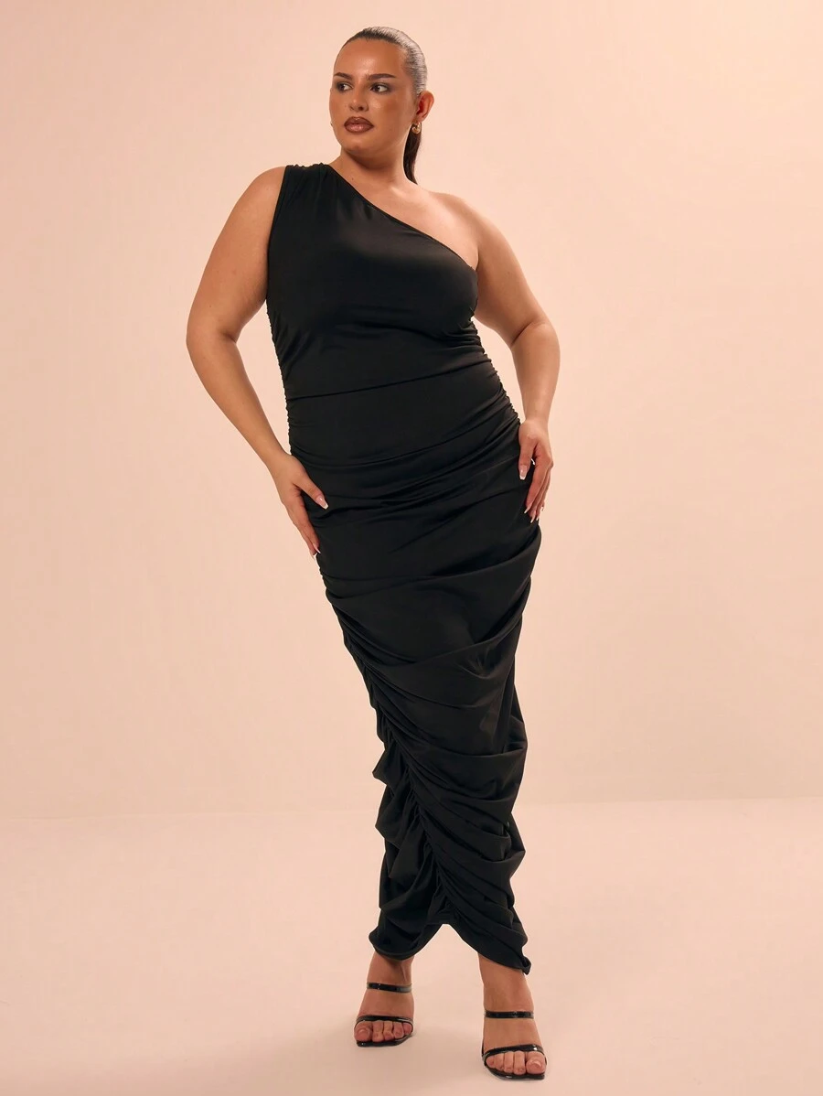 MUSERA 大码不对称领口修身褶皱侧边中长连衣裙，适合各种场合，如婚礼宾客、夏季度假、春假、赛马会、正式场合、优雅的伊比沙岛之旅、假日飘逸风，百搭时尚 - 黑色 - 查看 1
