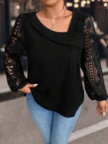 SHEIN LUNE Plus Size Gładka koszulka z długim rękawem, swobodna i prosta codzienna odzież na wiosnę