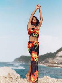 Opulessa 2 件套女士针织网眼印花短款紧身胸衣上衣和高腰裙套装 - 黑色 - 查看 5