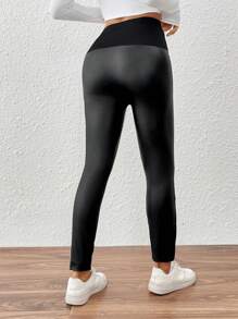 SHEIN Essnce Quần legging bó bụng không đường may cạp cao cho nữ, quần legging tập yoga bó, quần PU, quần thể thao, quần đạp xe, màu đen - màu đen - Xem 3