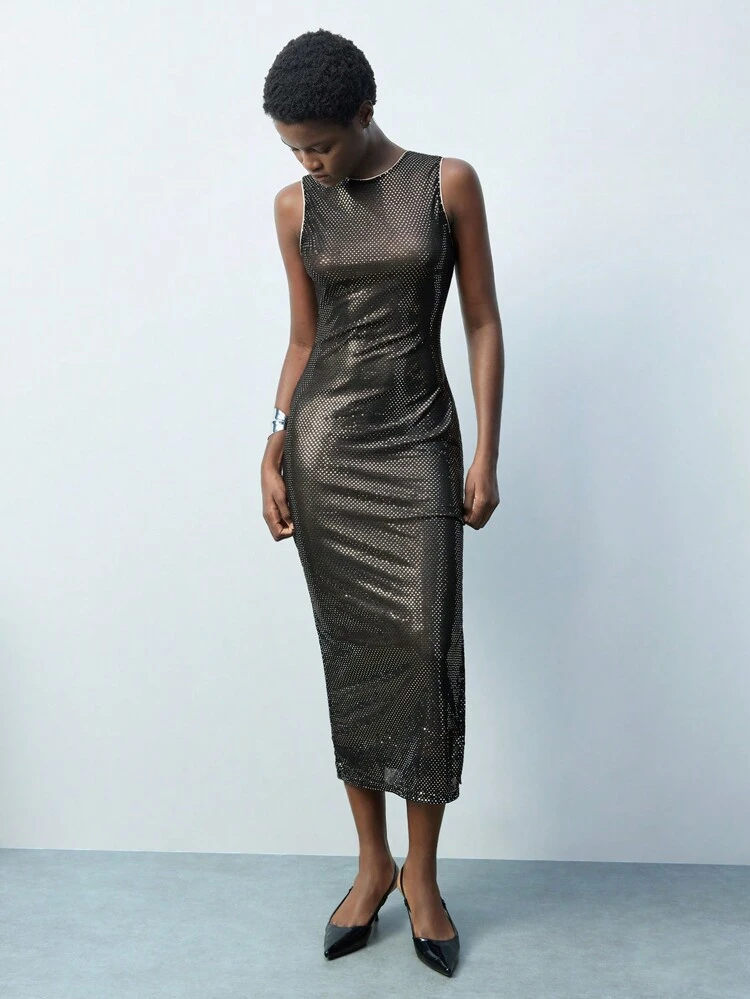 SHEIN Maija Women's Black & Flesh-Tone Splice Round Neck Asymmetrical Hollow Adjustable Strap Fitted Fashionable Versatile Sexy Casual/Party Dress, Suitable For All Seasons Festival