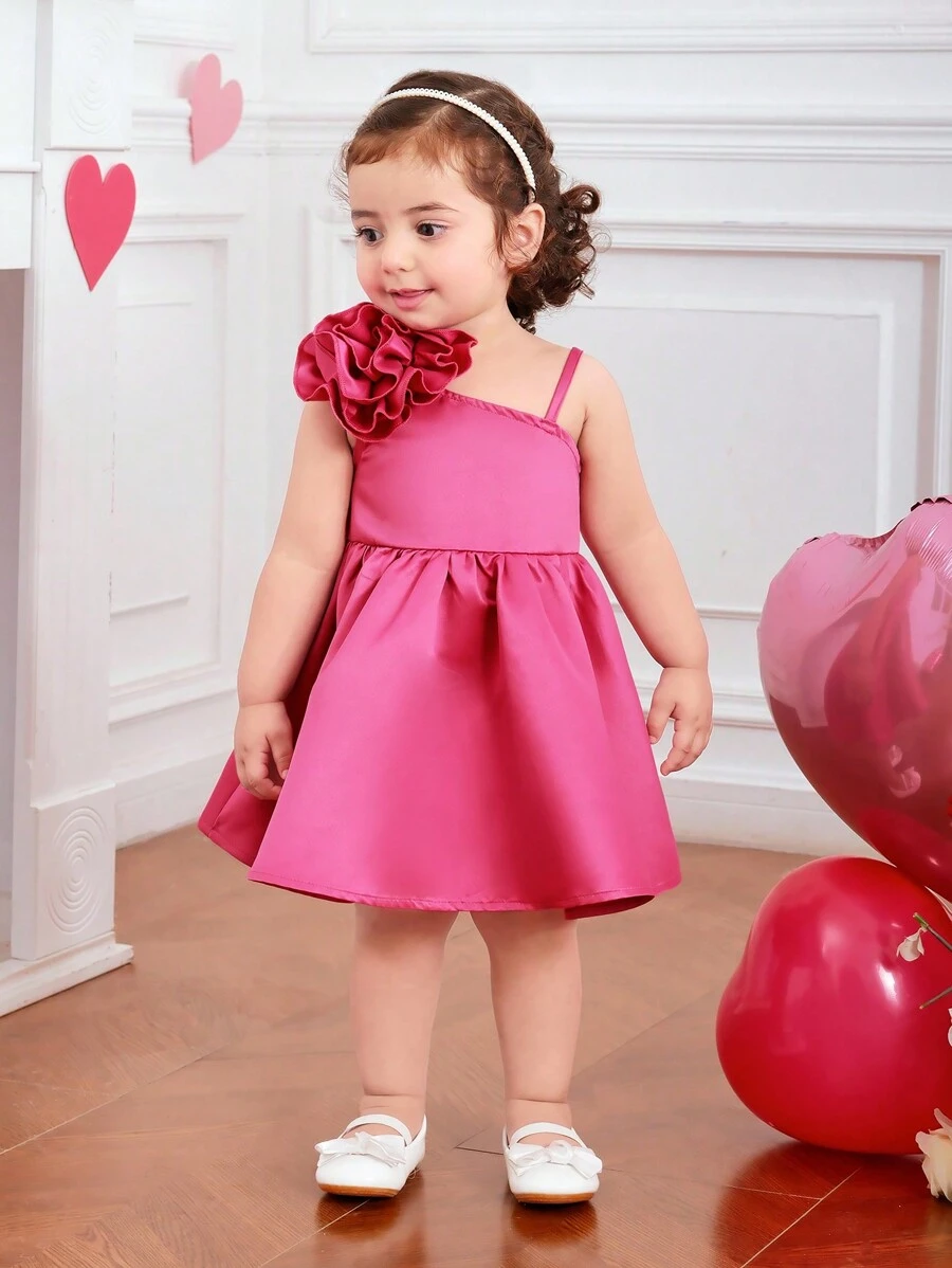 SHEIN Váy suông satin hoa 3D màu hồng dễ thương và thanh lịch cho bé gái ngày lễ tình nhân - Màu Hồng Tươi - Xem 1