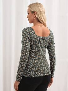 SHEIN Maternity Front Tie Long Sleeve All-Over Print Casual T-Shirt - Multicolor - View 7