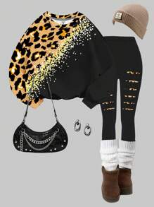 SHEIN 2 peças/Conjunto Casual de Menina Adolescente com Estampa Brilhante de Leopardo, Inclui Moletom de Manga Longa Confortável Gola Redonda e Legging, Adequado para Outono/Inverno