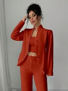 Elenzga Elegant Solid Color Stand Collar Cinched Waist Curved Hem Jacket, Autumn - Red - View 3