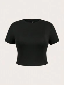 SHEIN Comfortcana Plusstorlek Dam Sommar Enfärgad Rund Hals Kortärmad Tight Beskuren Topp - Svart - Visa 1