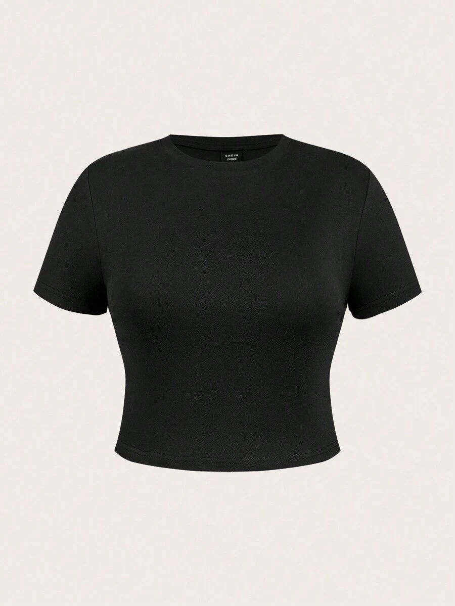 SHEIN Comfortcana Plusstorlek Dam Sommar Enfärgad Rund Hals Kortärmad Tight Beskuren Topp - Svart - Visa 1