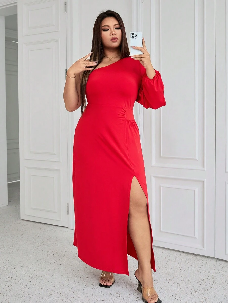 SHEIN Unity Plus Size Open Shoulder Lantern Sleeve Long Dress With High Slit, Flared Hem, Elegant French Style Red Dress Maxi Women Outfit - Red - View 1