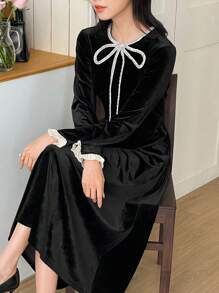 DAZY 女士长款优雅优质小黑裙，秋季连衣裙长袖连衣裙 - 黑色 - 查看 6