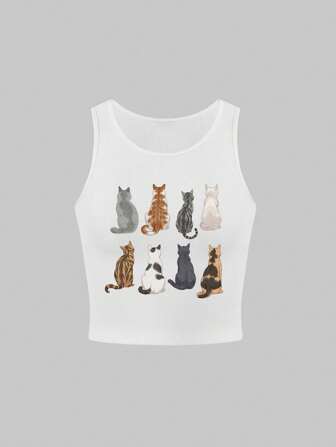 Débardeur ajusté slim, coupe courte, motif dessin animé crâne de chat mignon et sombre