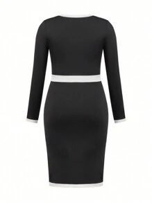 SHEIN Clasi Plus Size Women Colorblock Knit Long Sleeve Dress - Black and White - View 2