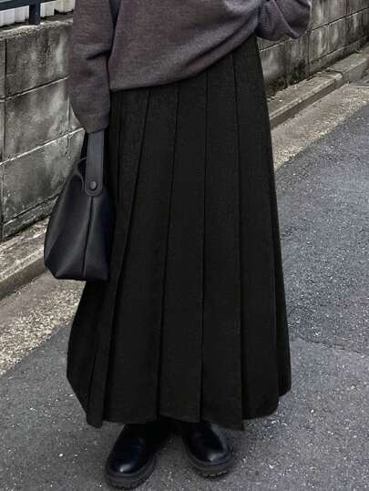 FRIFUL Women Solid Color Pleated Minimalist Casual Skirt