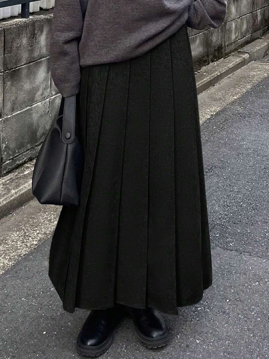 FRIFUL 女士纯色百褶简约休闲半身裙 - 黑色 - 查看 1