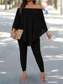 SHEIN LUNE 2pcs Plus Size Solid Color Off Shoulder Long Sleeve Top And Pants Elegant Set Fall Cloth For Women - Black - View 5