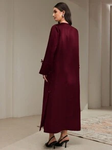 Al Najma Women's Solid Color Tie Collar Bow Detail Elegant Long Sleeve Abaya Robe, Modest Elegant Open Abayas, For Casual Daily/Party - Burgundy - View 3