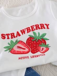Conjunto de 2 piezas para niñas jóvenes consistente en una camiseta de manga corta con cuello redondo estampado de fresas lindas y divertidas, y shorts vaqueros de cintura elástica con bordado de fresas para el verano - Blanco - Ver 3