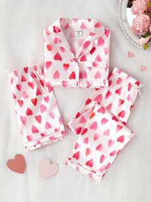 SHEIN 3 Stücke/Set Niedlicher Teenager Herzschlag Farbverlauf Muster Kurzarm Strickjacke mit lässiger Shorts/Hose Pyjama Set - Pink - Übersicht 6