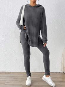 SHEIN Essnce Bộ đồ 2 món cho nữ, màu trơn, tay dài trễ vai, có mũ trùm đầu và quần dài, mùa thu - Màu xám đen - Xem 6