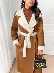 Mulvari Women Colour Block Thermal Lined Stand Collar Long Sleeve Long Casual Jacket, Autumn/Winter - Brown - View 3