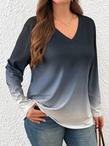 SHEIN LUNE Plus Size Women Ombre V-Neck Long Sleeve Casual T-Shirt, Autumn